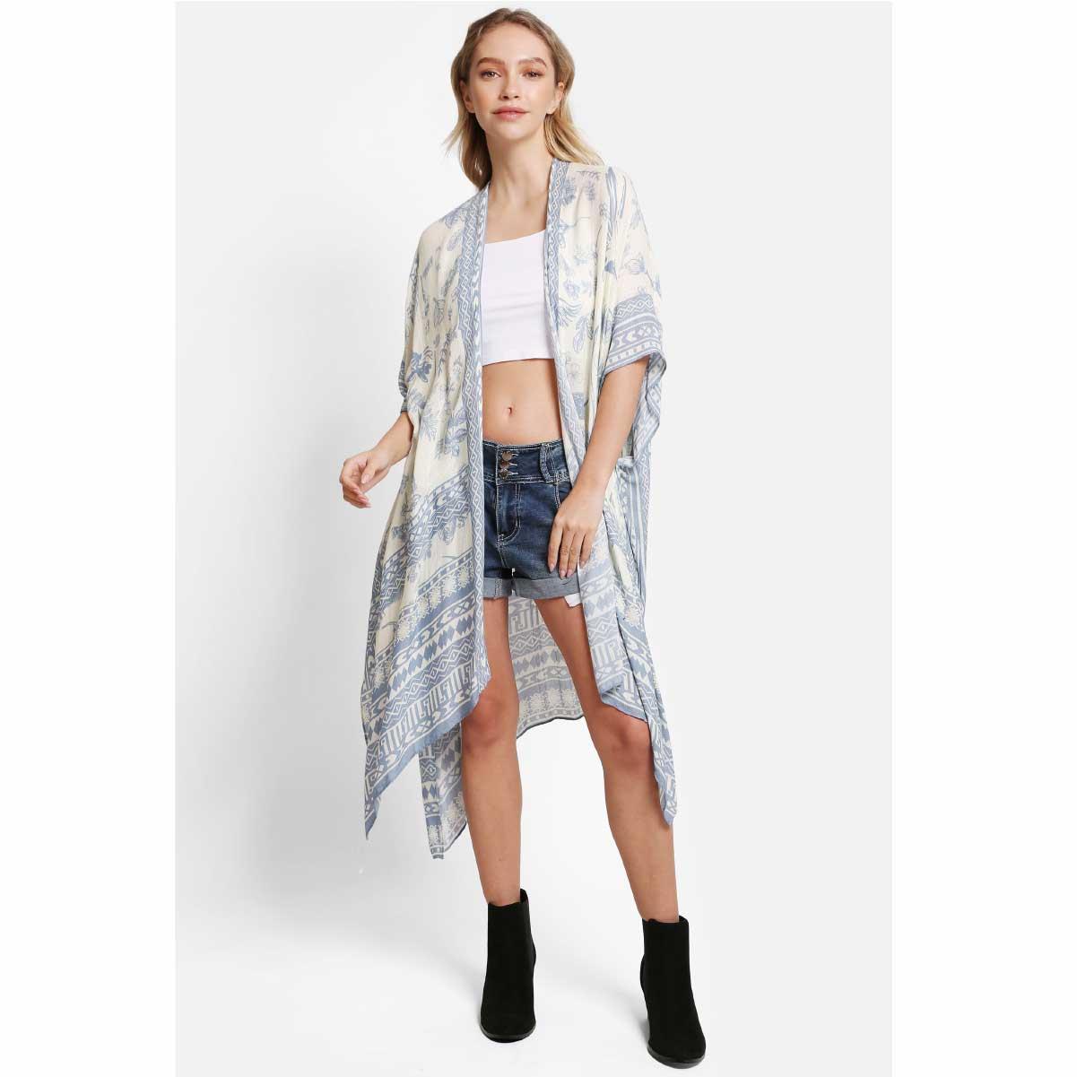 Kimono Jasmine midi blanco con pajaro y plantas