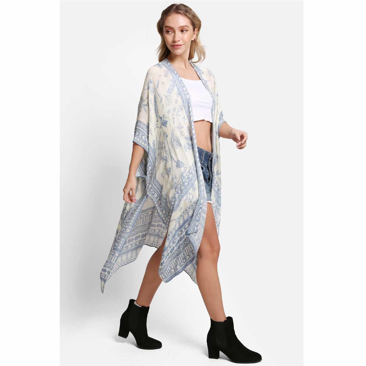 Kimono Jasmine midi blanco con pajaro y plantas - Imagen 2