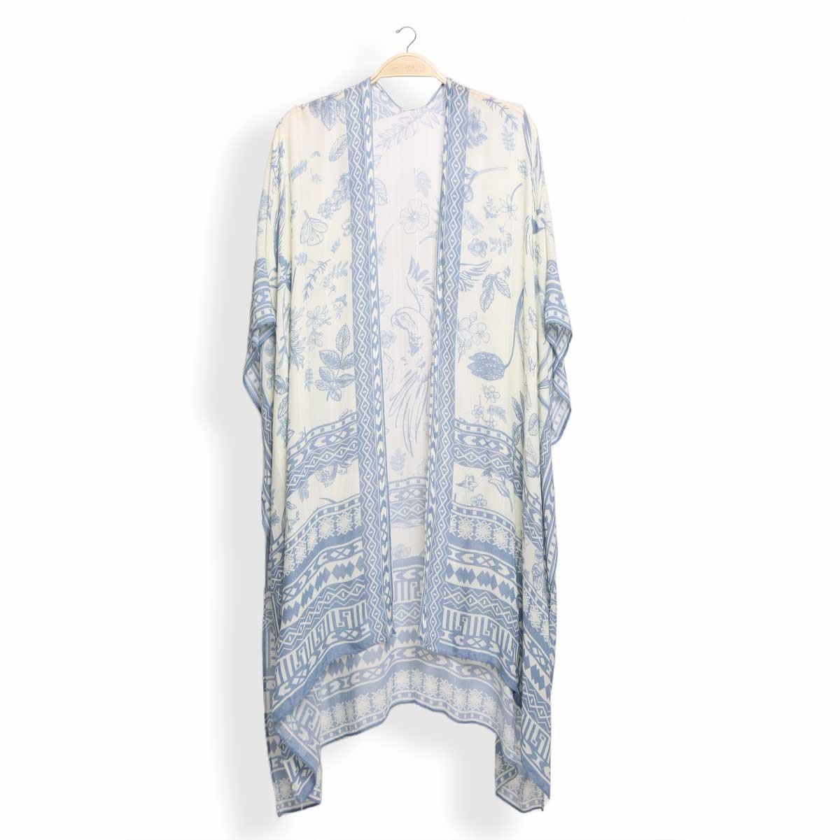 Kimono Jasmine midi blanco con pajaro y plantas - Imagen 4