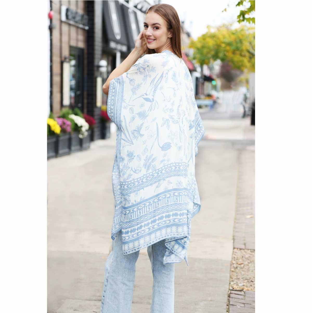Kimono Jasmine midi blanco con pajaro y plantas - Imagen 7