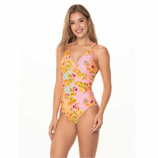 Calzoneta Garotas Luziana rosado flores naranja drapeada