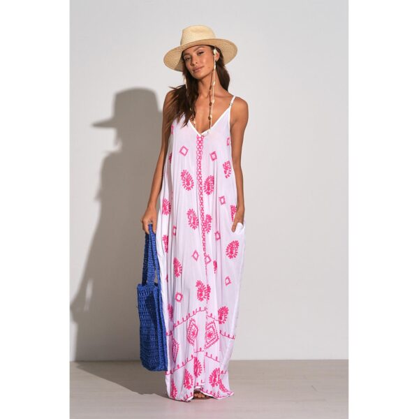 Vestido Elan largo spaghetti strap blanco y paisley rosado - Imagen 2