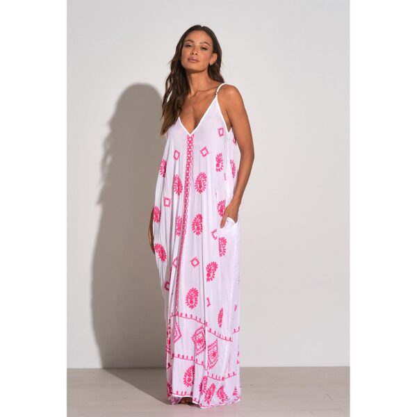 Vestido Elan largo spaghetti strap blanco y paisley rosado - Imagen 3