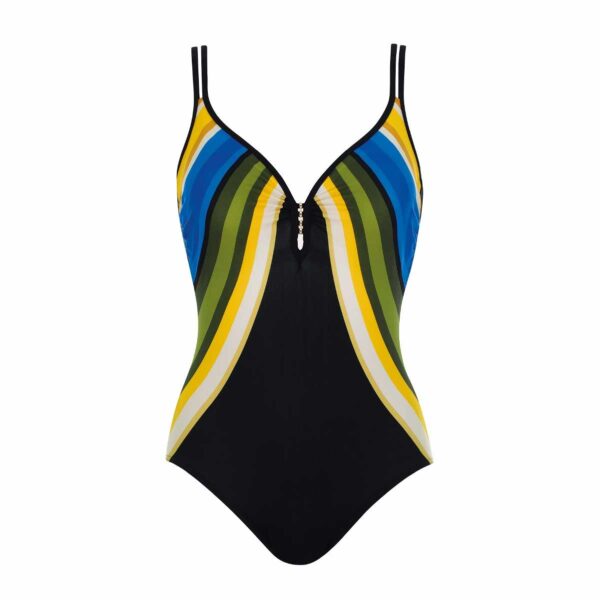 Calzoneta Sunflair 72044 lineas azules verdes y amarillas escote v
