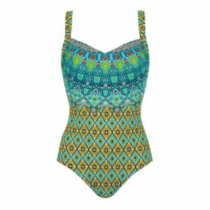 Calzoneta Sunflair 72177 estampado azteca aqua y verde square neck