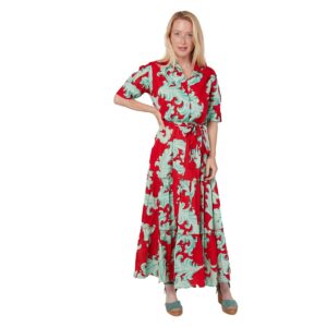 Vestido Moda Posa largo Alcee print rojo con celeste