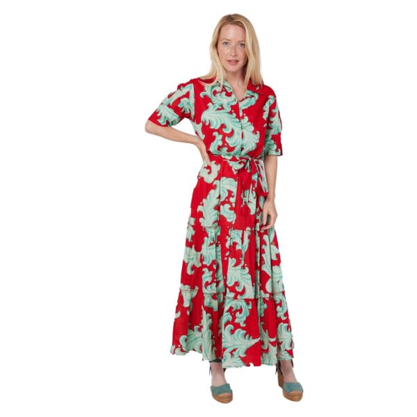 Vestido Moda Posa largo Alcee print rojo con celeste