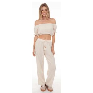 Set de crop top y pantalon Exist gasa beige mujer