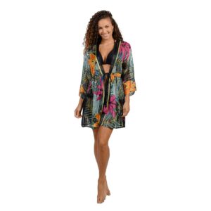 Kimono Ingear corto negro con flores color y linea dorada mujer