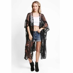 Kimono Jasmine negro mesh con encaje