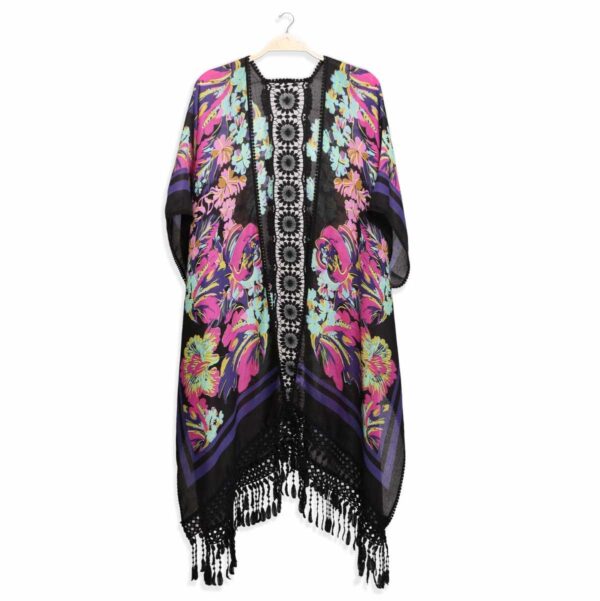 Kimono Jasmine largo detalle crochet negro flores - Imagen 4