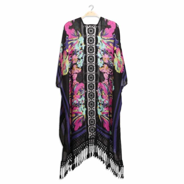 Kimono Jasmine largo detalle crochet negro flores - Imagen 5