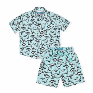 Set Beach Bros SS 2pzs celeste con dinosaurios niño 2T-4T