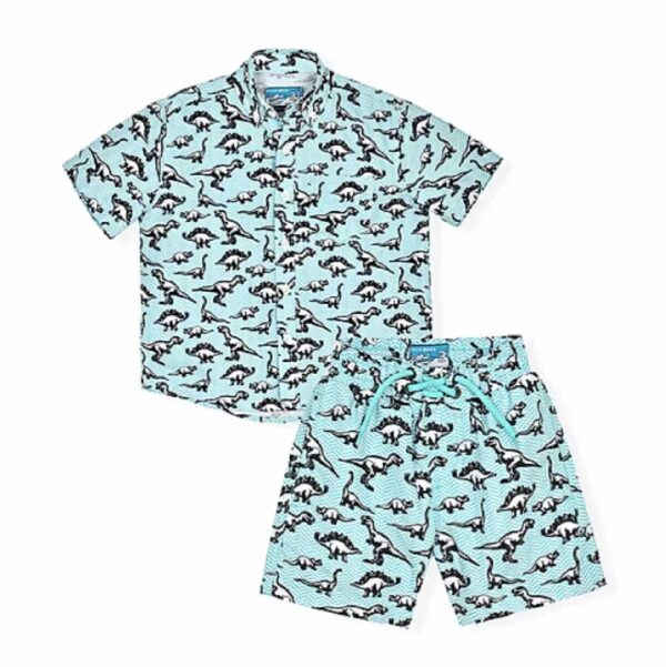 Set Beach Bros SS 2pzs celeste con dinosaurios niño 2T-4T