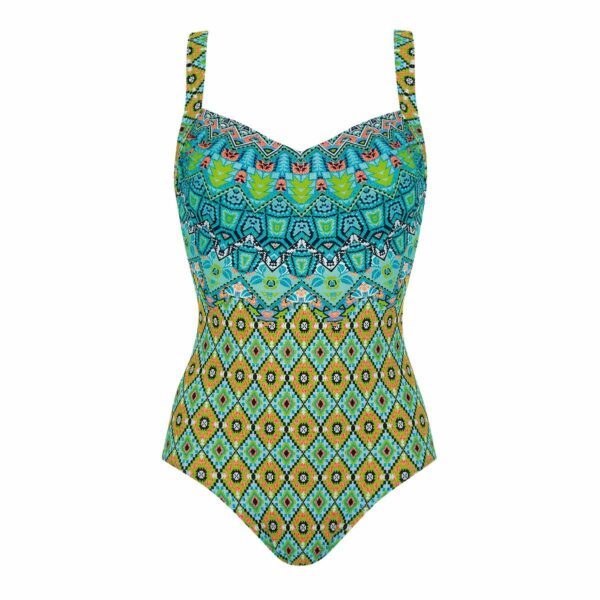 Calzoneta Sunflair 72177 estampado azteca aqua y verde square neck