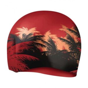 Gorra Speedo Silicon Cabello Largo rojo estampado palmeras