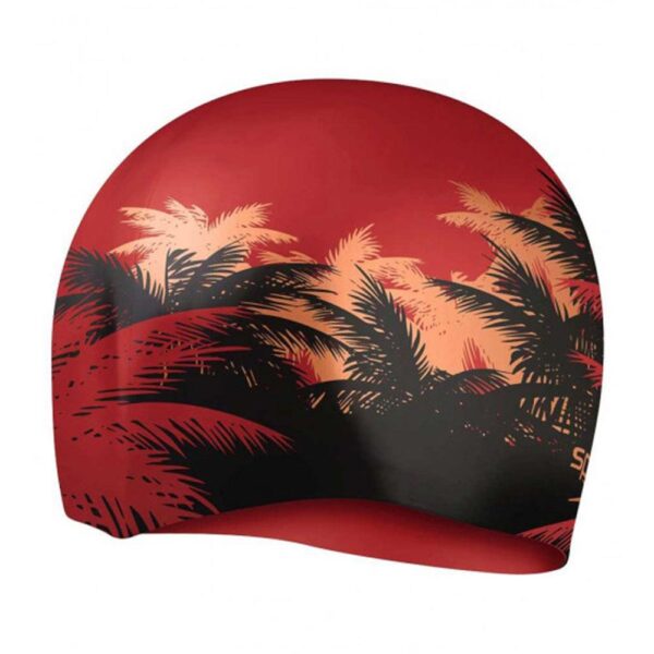 Gorra Speedo Silicon Cabello Largo rojo estampado palmeras