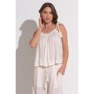Crop top Elan tirantes con borla blanco rayas doradas
