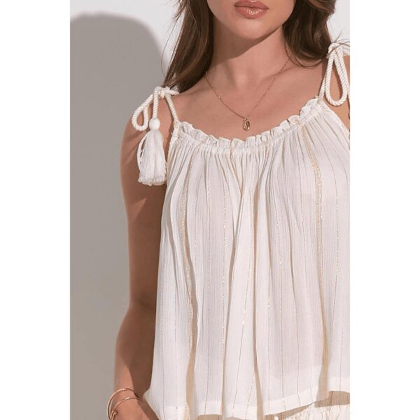 Crop top Elan tirantes con borla blanco rayas doradas - Imagen 2