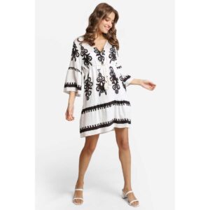 Vestido Jasmine corto tipo mariposa blanco con formas negras