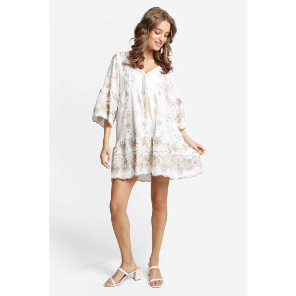 Vestido Jasmine corto blanco con bordado dorado