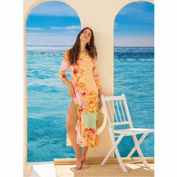 Vestido Garotas Luziana largo mesh rosado flores naranjas - Imagen 3