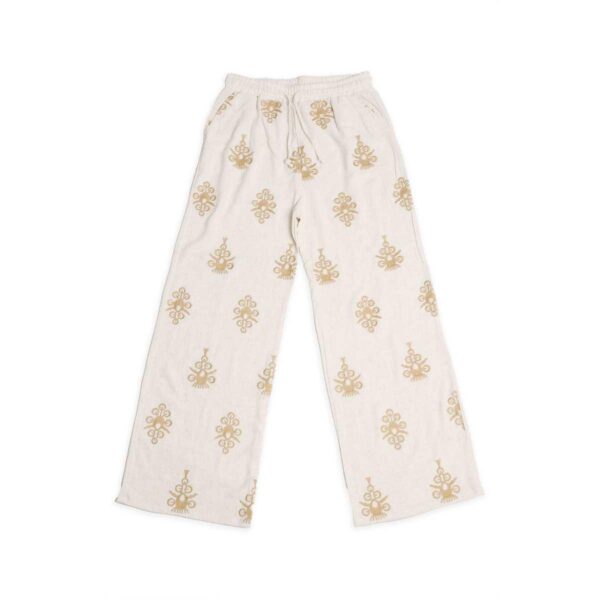 Pantalon Jasmine  tipo lino beige con figuras bordadas doradas