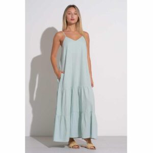 Vestido Elan largo con tirantes tipo lino celeste