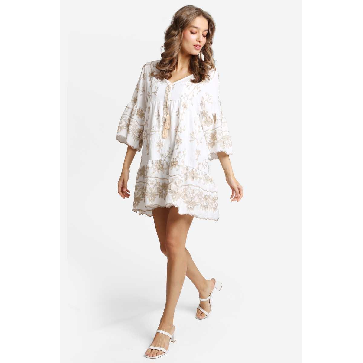 Vestido Jasmine corto blanco con bordado dorado - Imagen 2