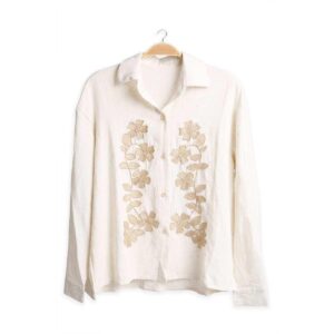 Blusa Jasmine manga larga tipo lino beige con flores boradadas doradas