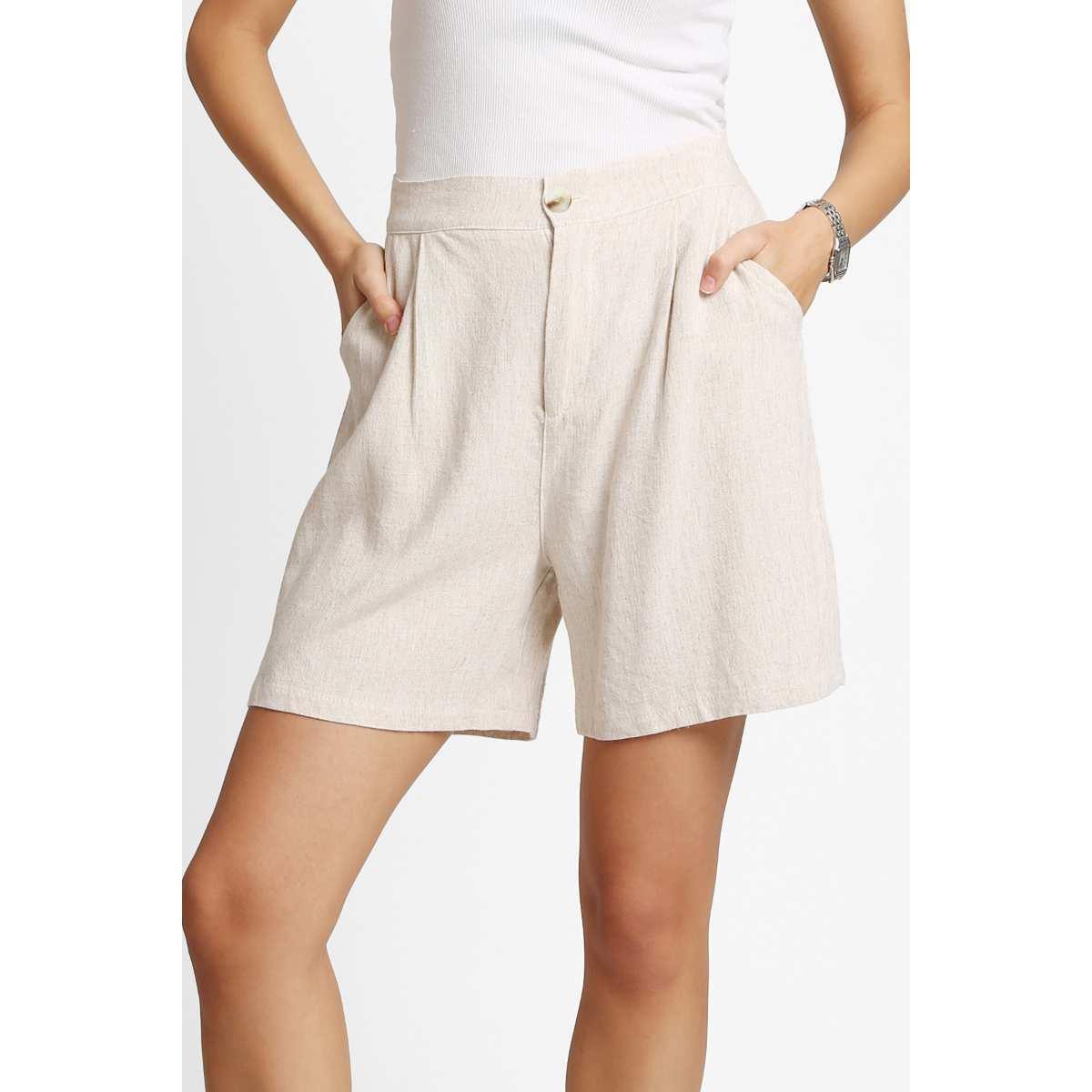 Short Jasmine largo tipo lino solido beige - Imagen 5