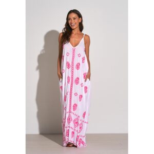 Vestido Elan largo spaghetti strap blanco y paisley rosado
