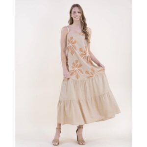 Vestido Original USA largo beige con flores bordadas