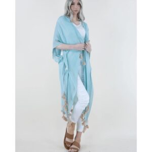 Kimono Original USA midi aqua con borlas beige