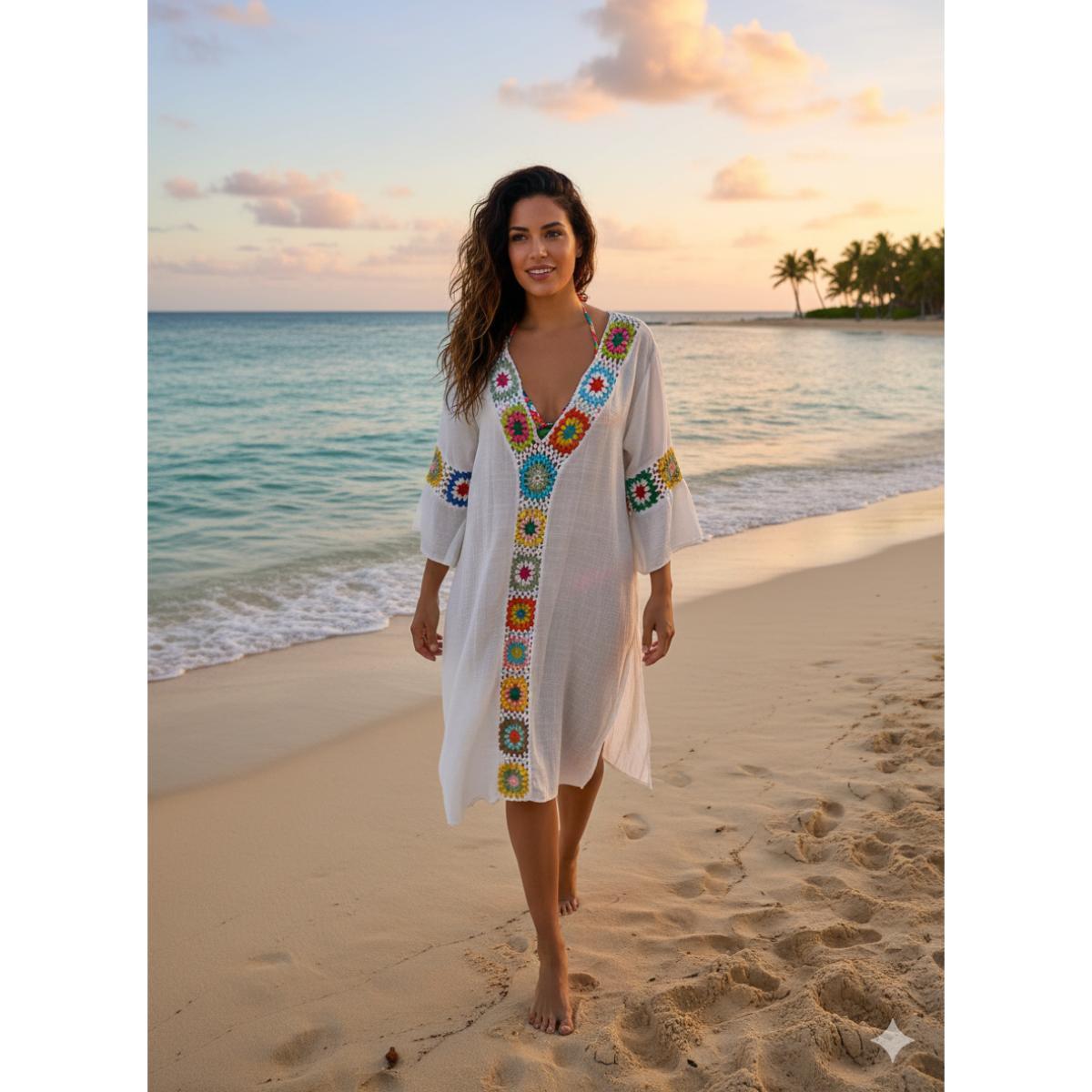 Salida Stylish blanca con flores crochet mujer