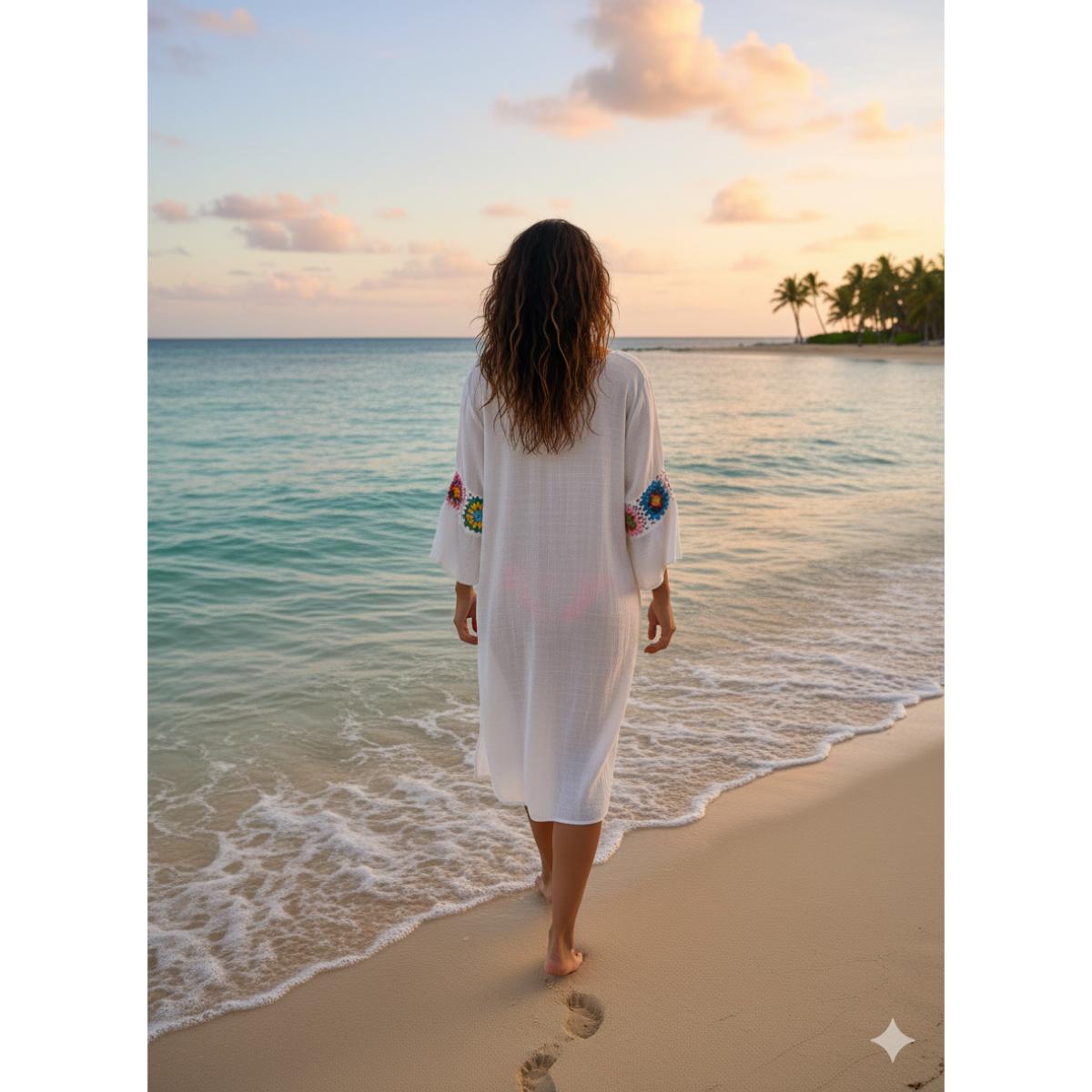 Salida Stylish blanca con flores crochet mujer - Imagen 3