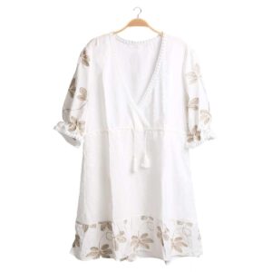 Vestido Jasmine corto blanco con manga bordadas doradas