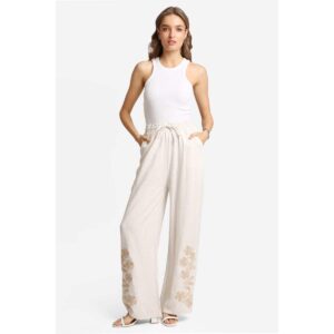 Pantalon Jasmine tipo lino biege con flores bordadas doradas