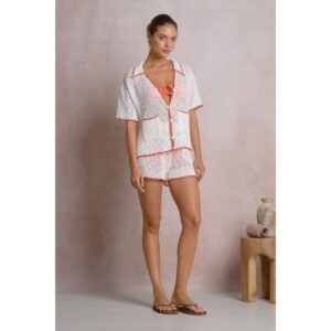 Camisa Elan crochet blanca orilla naranja