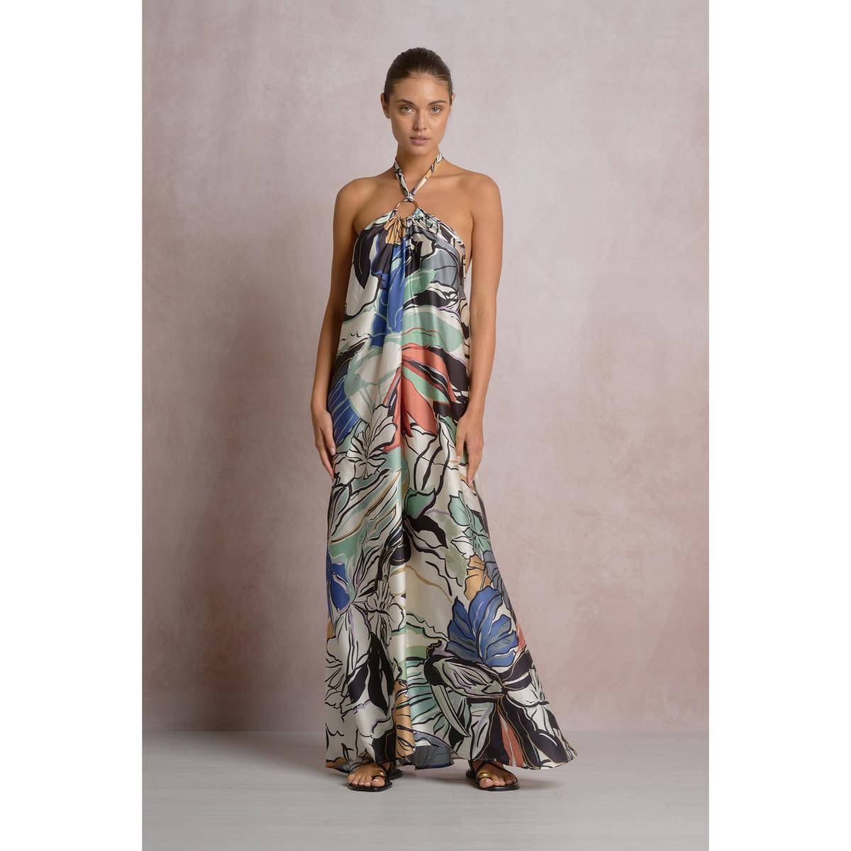 Vestido Elan largo halter blue botanical
