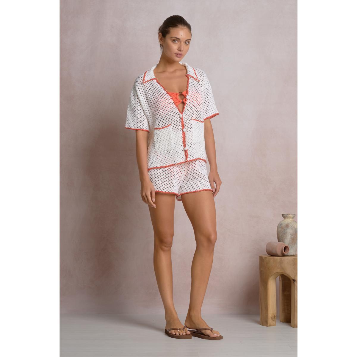 Camisa Elan crochet blanca orilla naranja