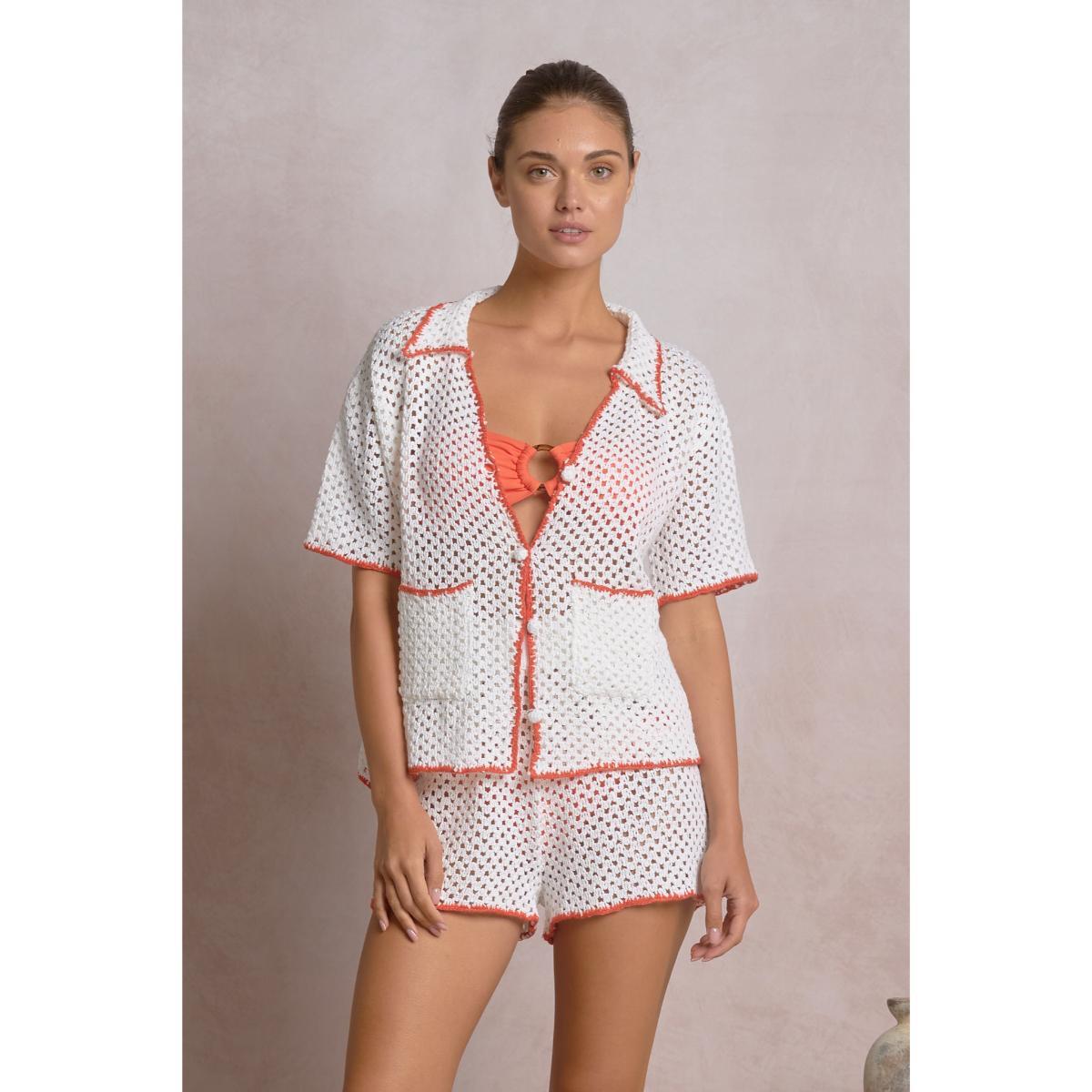 Camisa Elan crochet blanca orilla naranja - Imagen 2