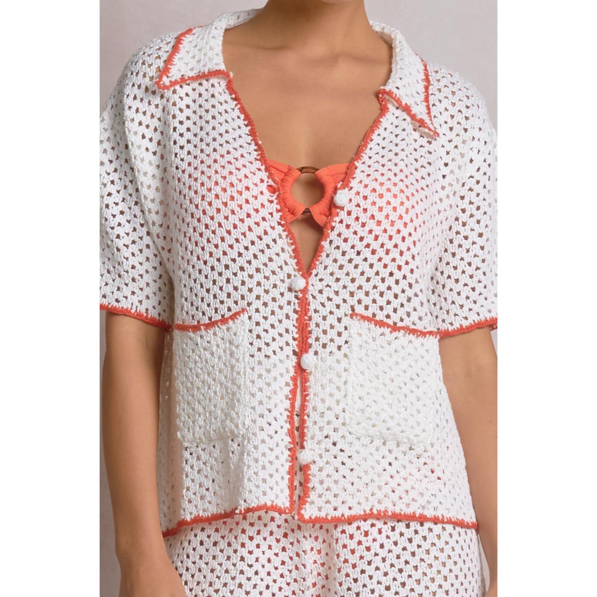 Camisa Elan crochet blanca orilla naranja - Imagen 3