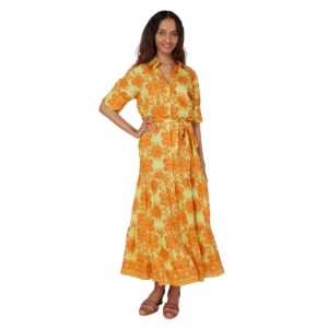 Vestido Moda Posa largo Alcee print amarillo con naranja
