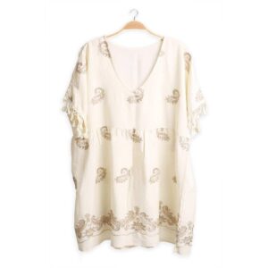 Vestido Jasmine corto flojo blanco con bordado dorado