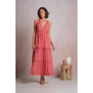 Vestido Elan largo halter encaje coral