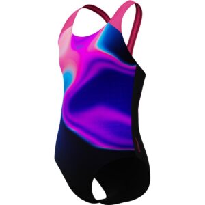 Calzoneta Speedo Endurance+ Placement Splashback niña negro con ondas moradas