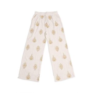 Pantalon Jasmine tipo lino beige figuras bordadas doradas
