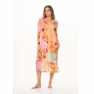 Vestido Garotas Luziana largo mesh rosado flores naranjas