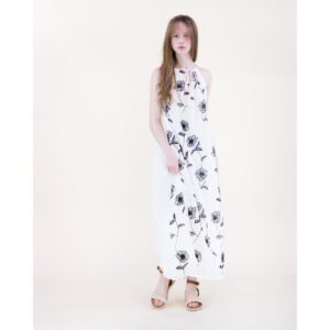 Vestido Original USA largo cuello alto blanco con flores negras bordadas